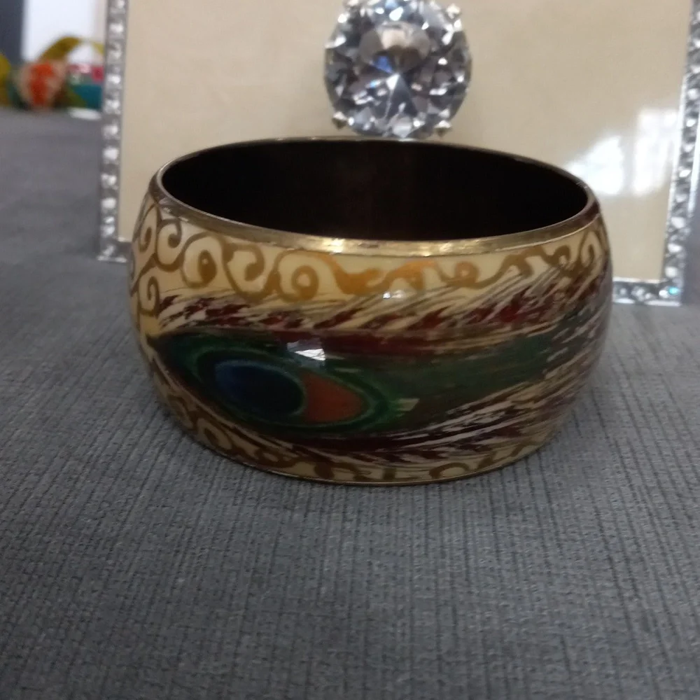 Vintage Peacock Feather Brass & Cloisonné Chunky Bangle Bracelet Boho